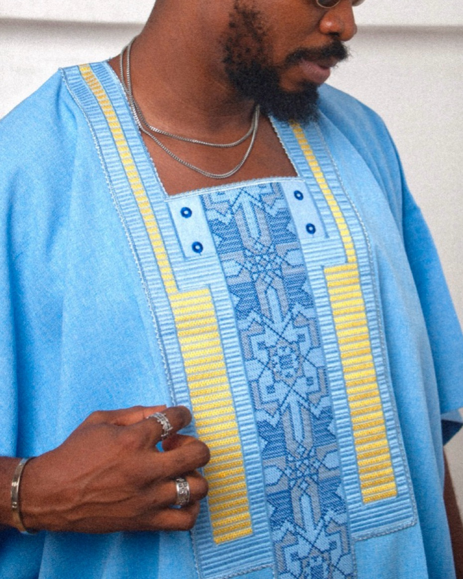 Sky Blue Embroidery Wool Fabric Danshiki