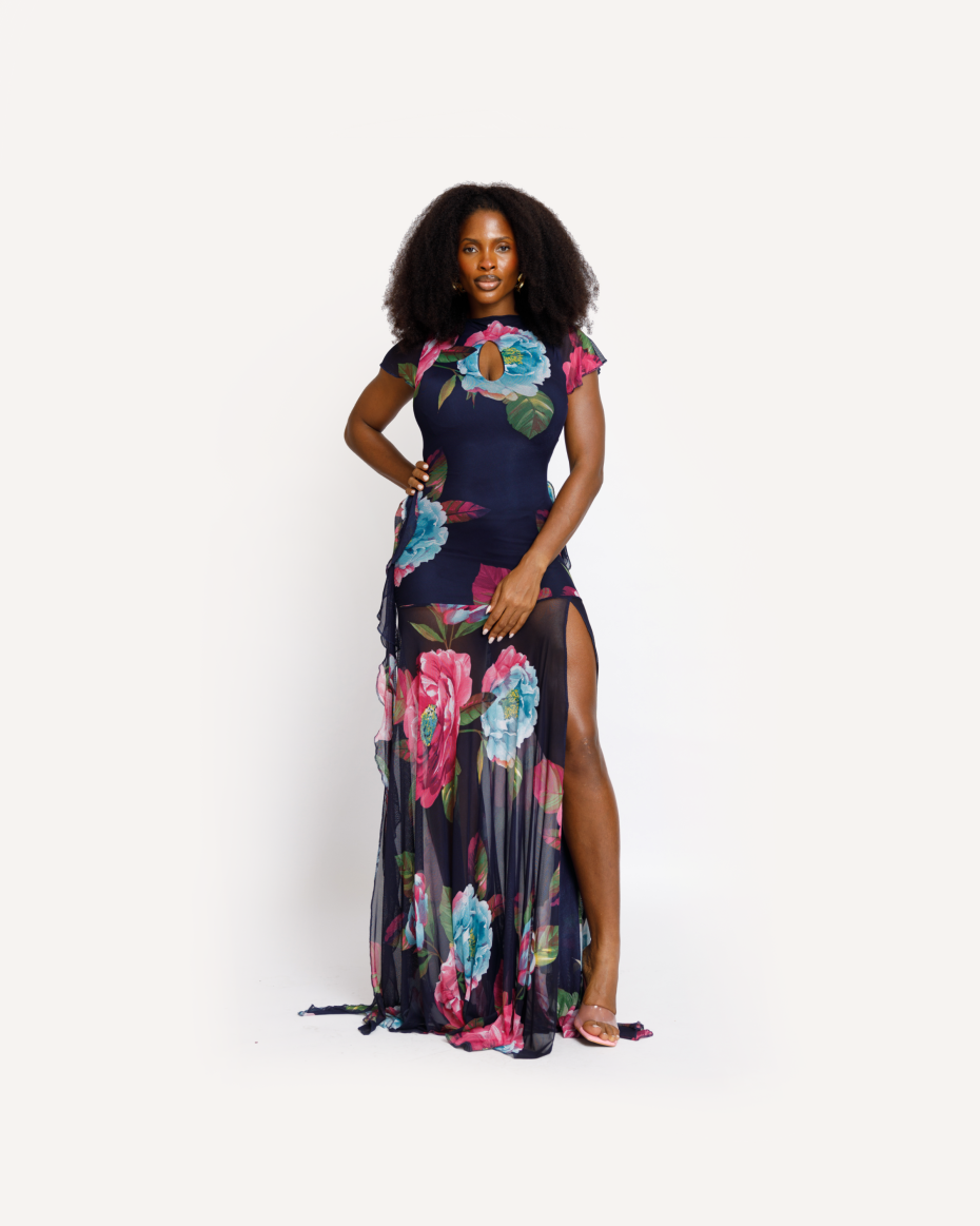 Navy Hibiscus Figure-Flattering Maxi Dress