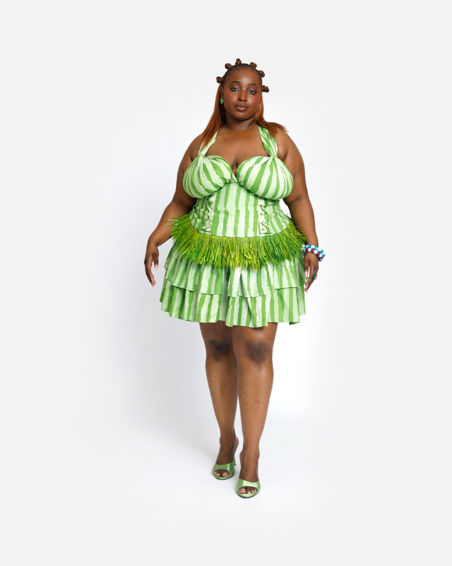Green-Stripe Fringe Mini Skirt Set