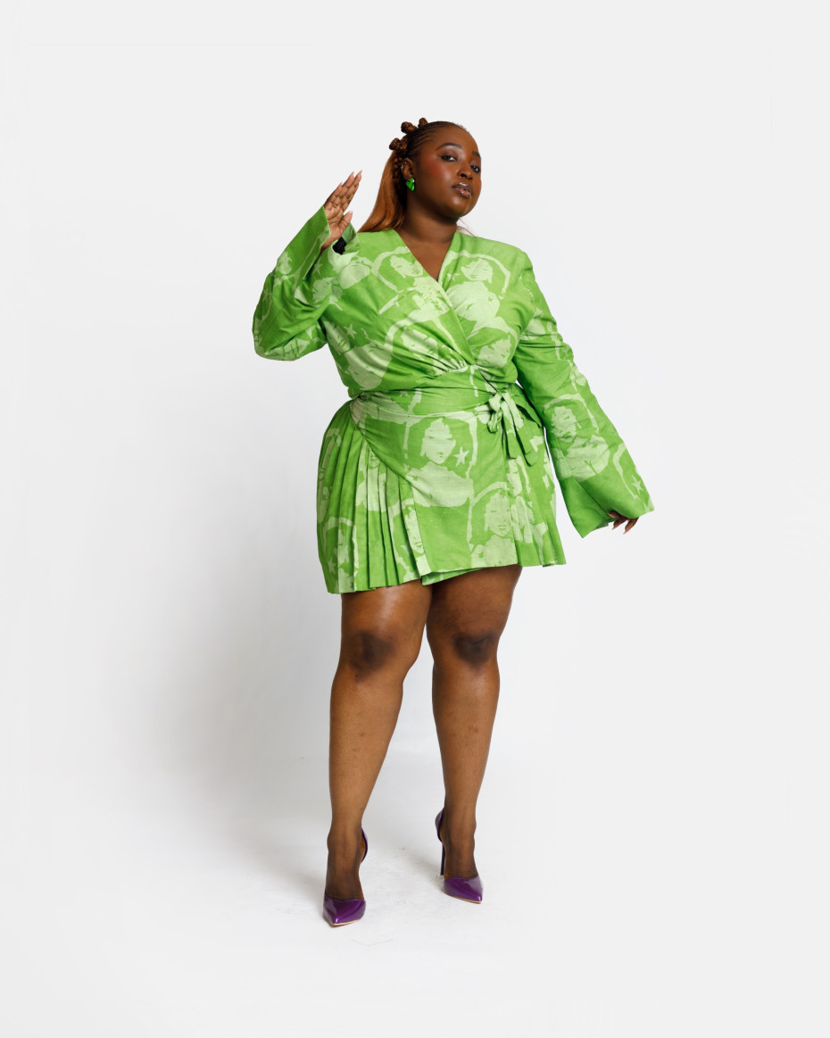 Green-Stripe Blazer Wrap-Dress