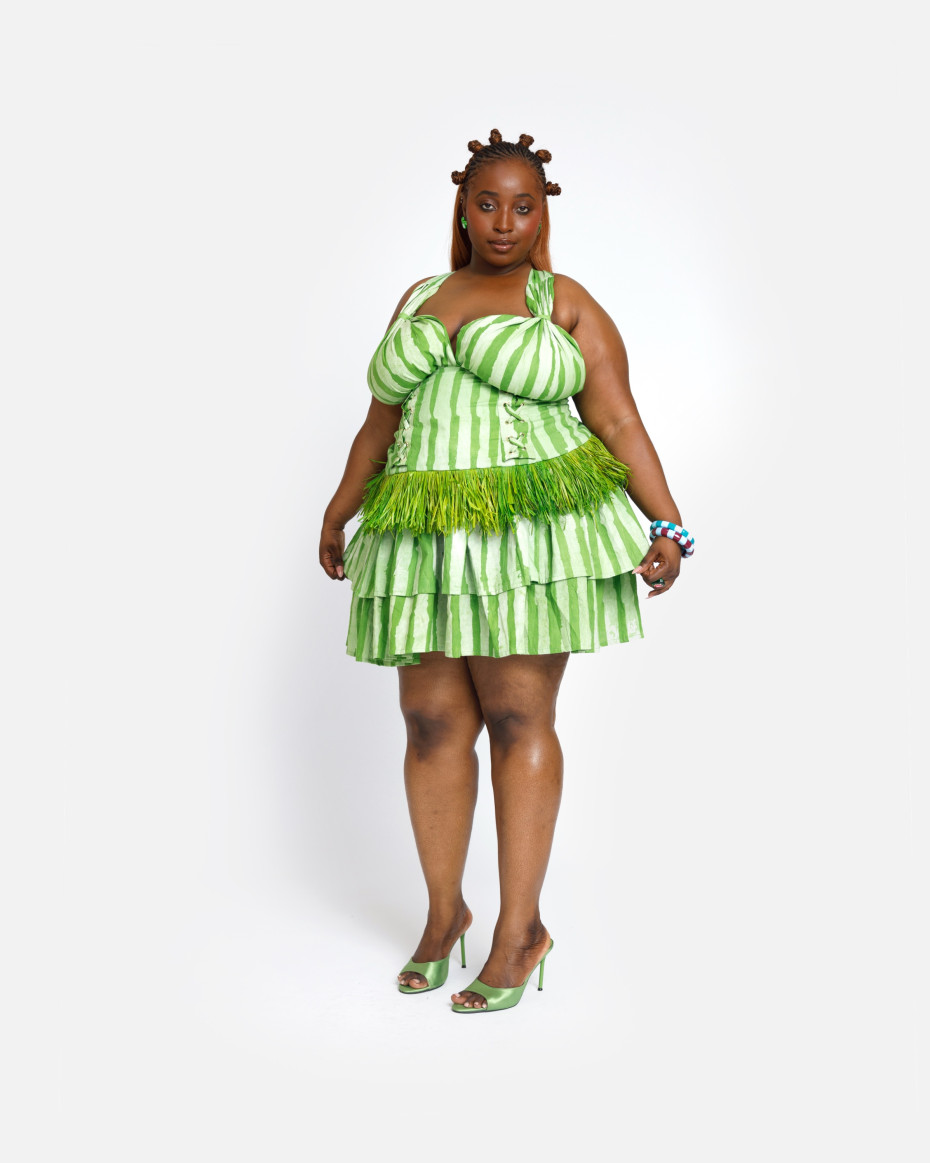 Green-Stripe Fringe Mini Skirt Set