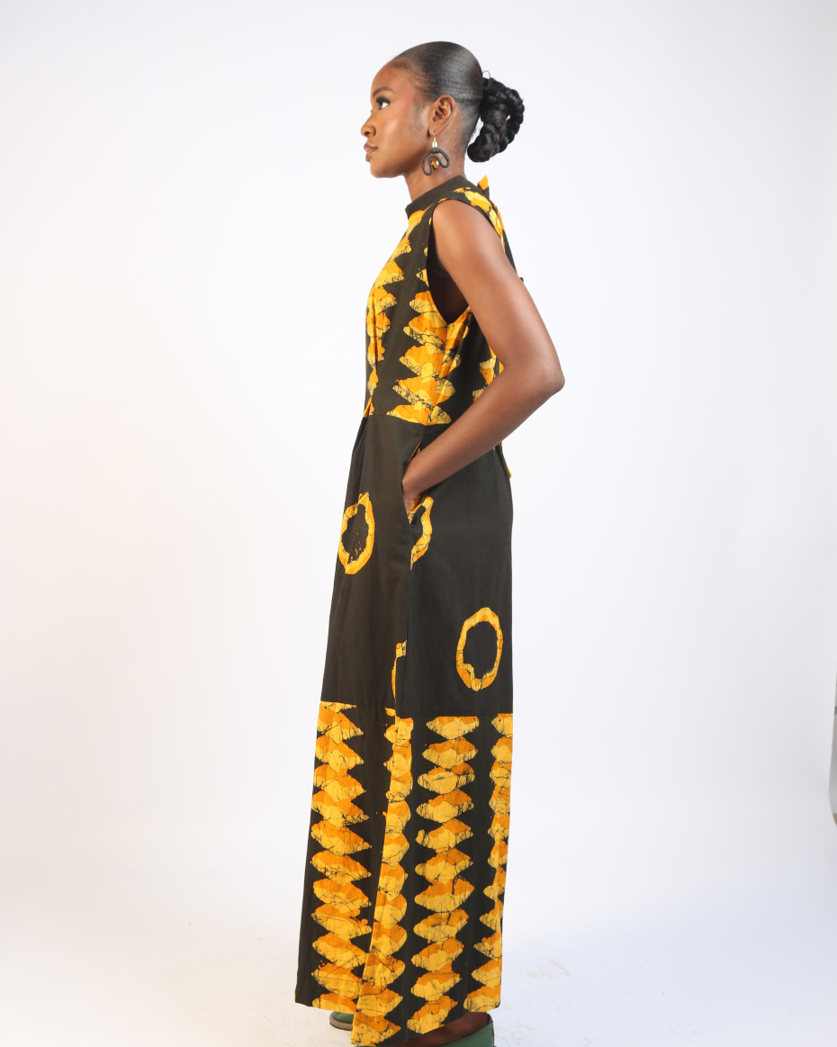 GOLDEN YELLOW AND BLACK MULTIPRINT JUMPSUIT