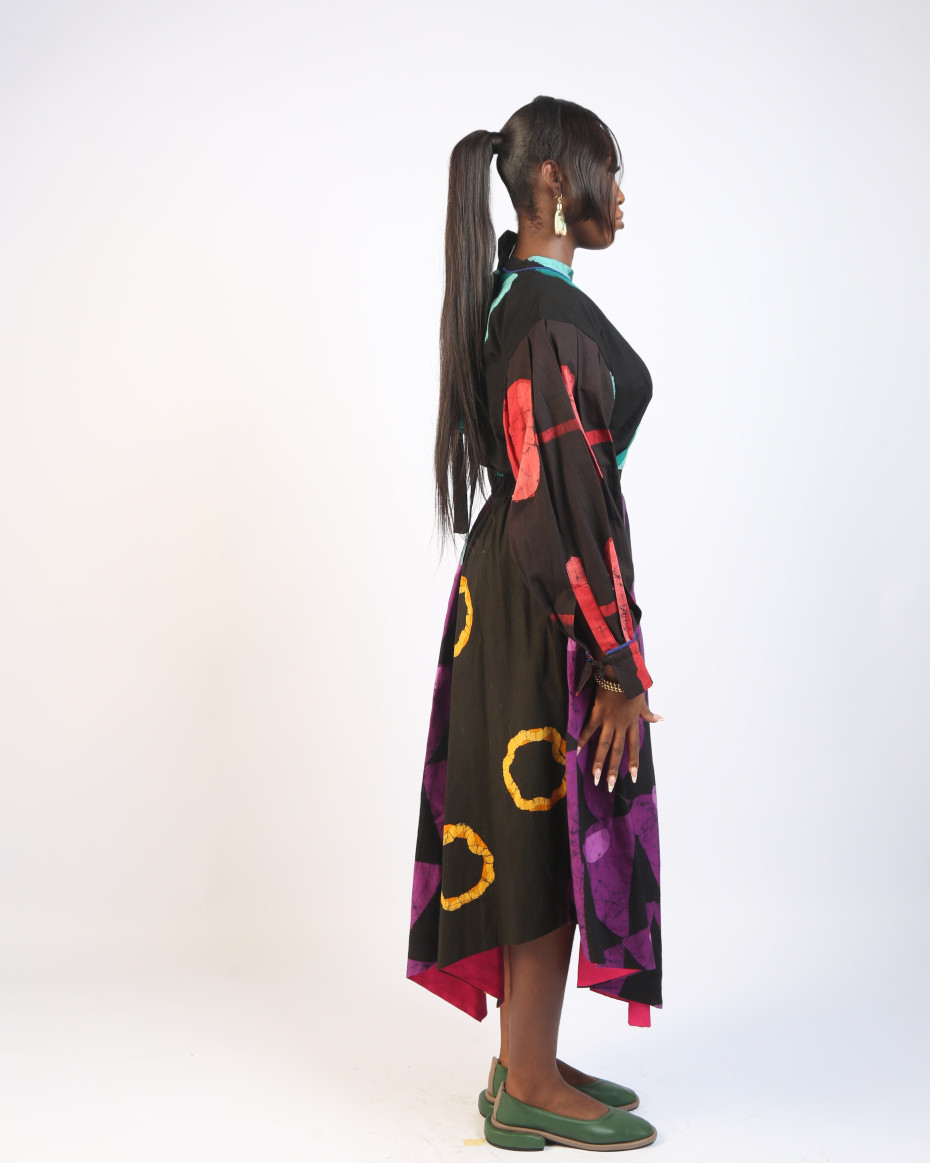 GREEN AND MAGENTA  MULTICOLOURED LONG SLEEVE MIDI IRO DRESS