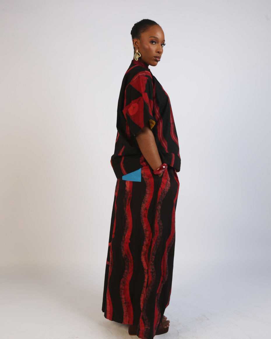 CORAL, RED AND BLACK CIRCLE MULTIPRINT SHIRT
