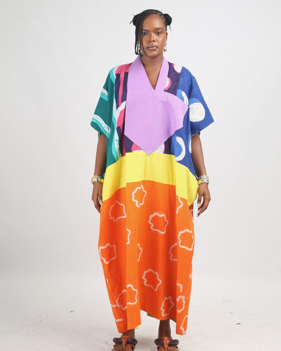 BRIGHT MULTICOLOURED AGBADA WITH TANGERINE AND WHITE BOTTOM WITH LILAC ASOOKE