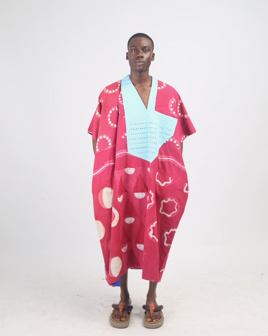 WHITE, PINK AND PINK MULTIPRINT MIDI AGBADA WITH SKY BLUE ASOOKE WITH HOLES