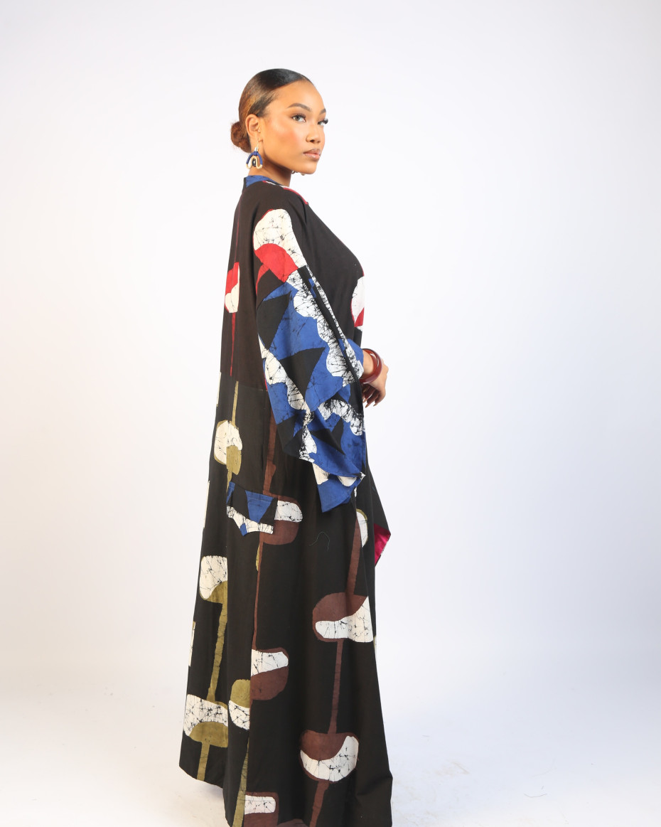 RED, BROWN AND BLACK MULTICOLOURED SHIRT DRESS