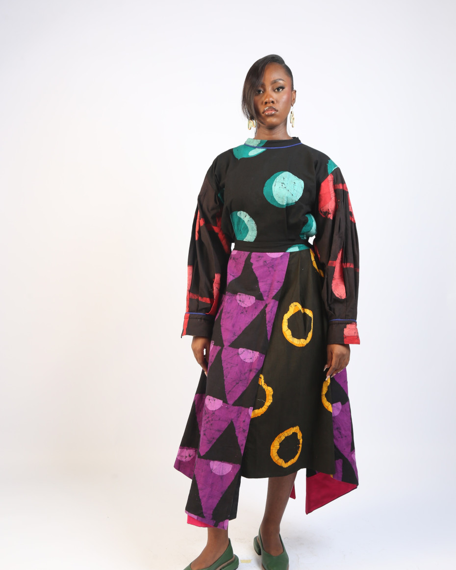 GREEN AND MAGENTA  MULTICOLOURED LONG SLEEVE MIDI IRO DRESS