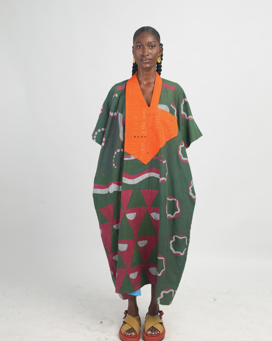 GREY, PINK AND OLIVE MULTIPRINT MIDI AGBADA WITH ORANGE ASOOKE WITH TINY HOLES