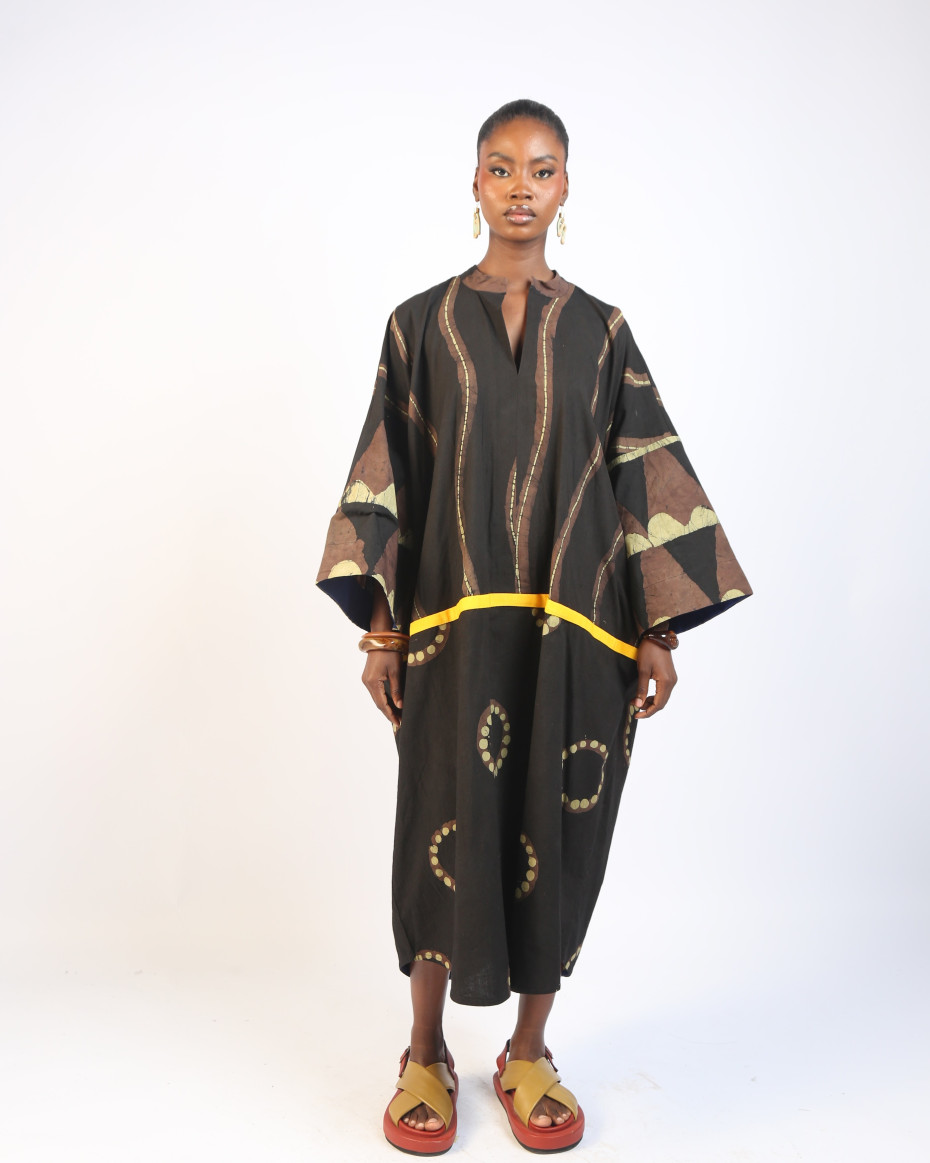 KHAKI, BROWN AND BLACK MULTIPRINT KAFTAN