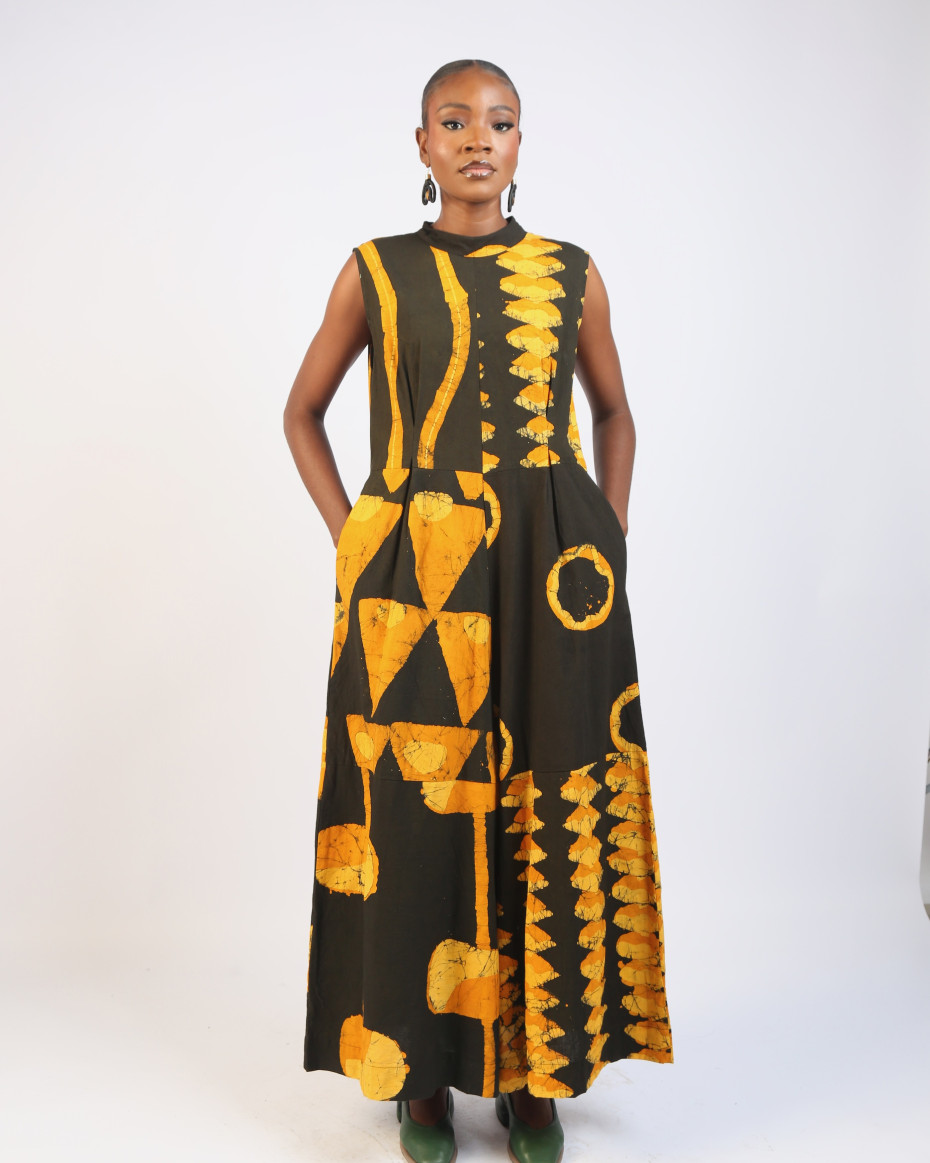 GOLDEN YELLOW AND BLACK MULTIPRINT JUMPSUIT