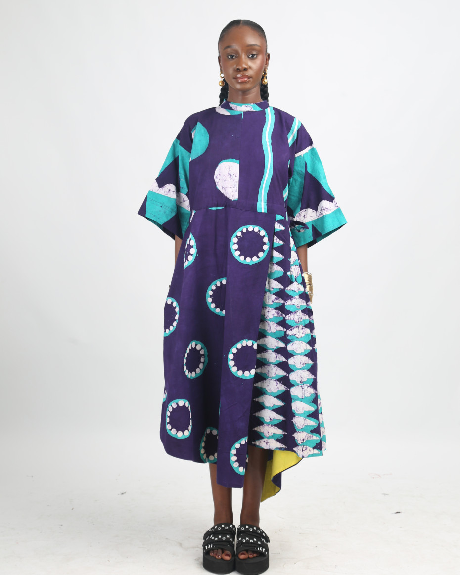 WHITE SEAGREEN AND PURPLE MULTIPRINT MIDI IRO DRESS