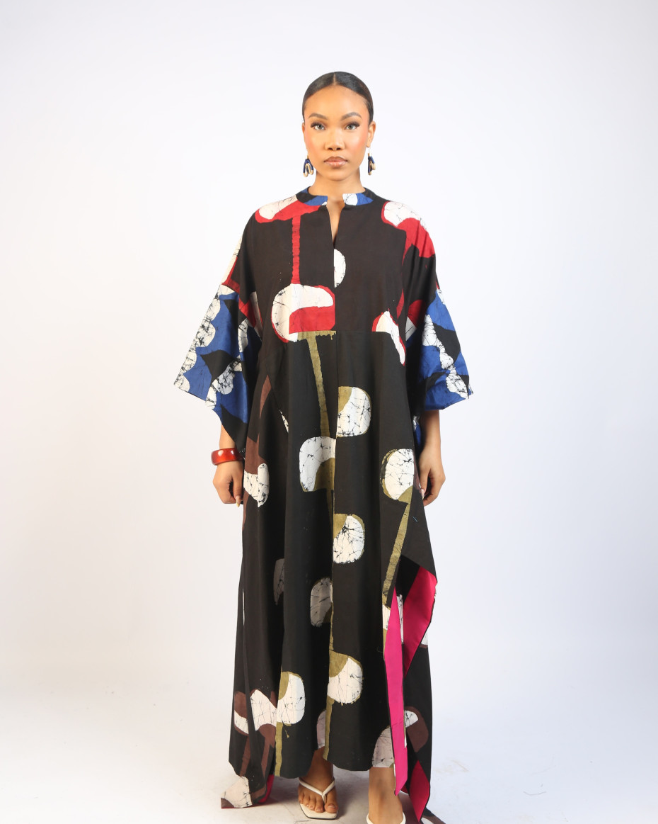 RED, BROWN AND BLACK MULTICOLOURED SHIRT DRESS