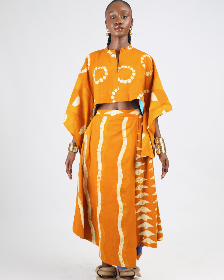 WHITE AND GOLDEN YELLOW MULTIPRINT MIDI IRO SKIRT