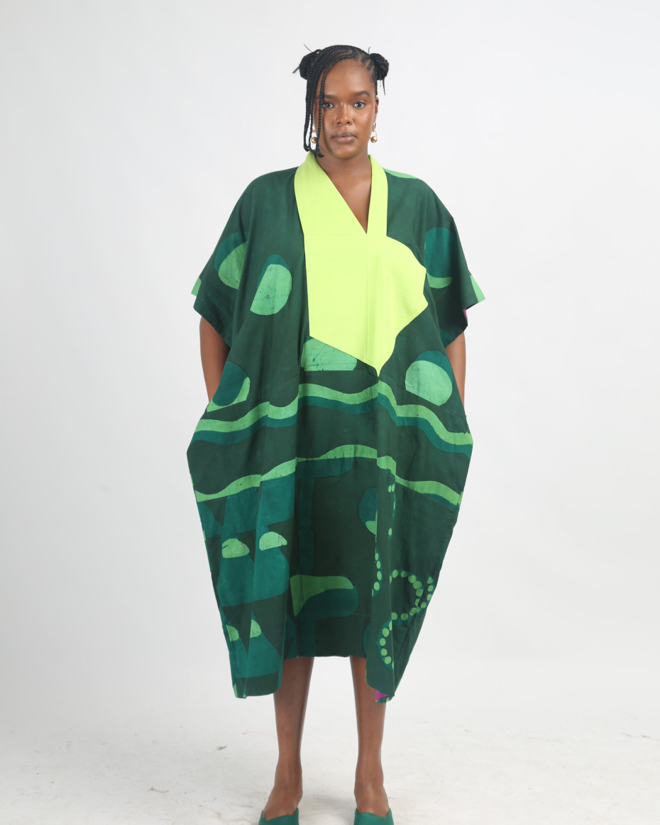 LEMON, GREEN AND OLIVE MULTIPRINT AGBADA WITH LEMON ASOOKE
