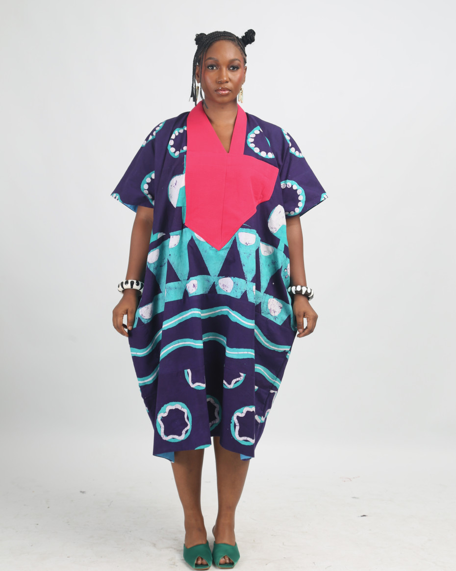WHITE SEAGREEN AND PURPLE MULTIPRINT MIDI AGBADA WITH FUCHSIA PINK ASOOKE