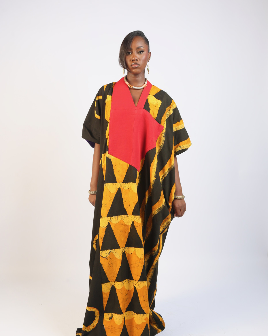 GOLDEN YELLOW AND BLACK MULTIPRINT AGBADA WITH ASOOKE
