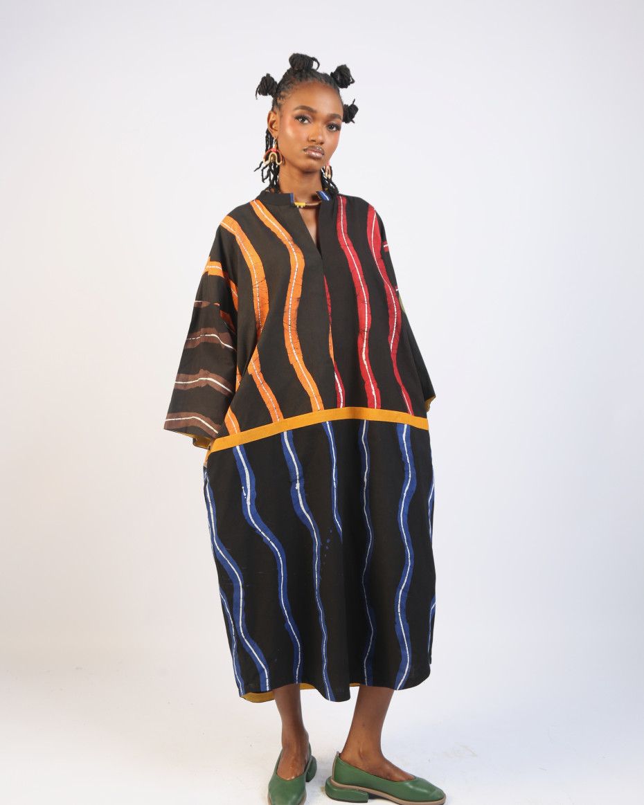 WHITE, BLUE AND BLACK THINLINE KAFTAN WITH MUSTARD OUTLINE