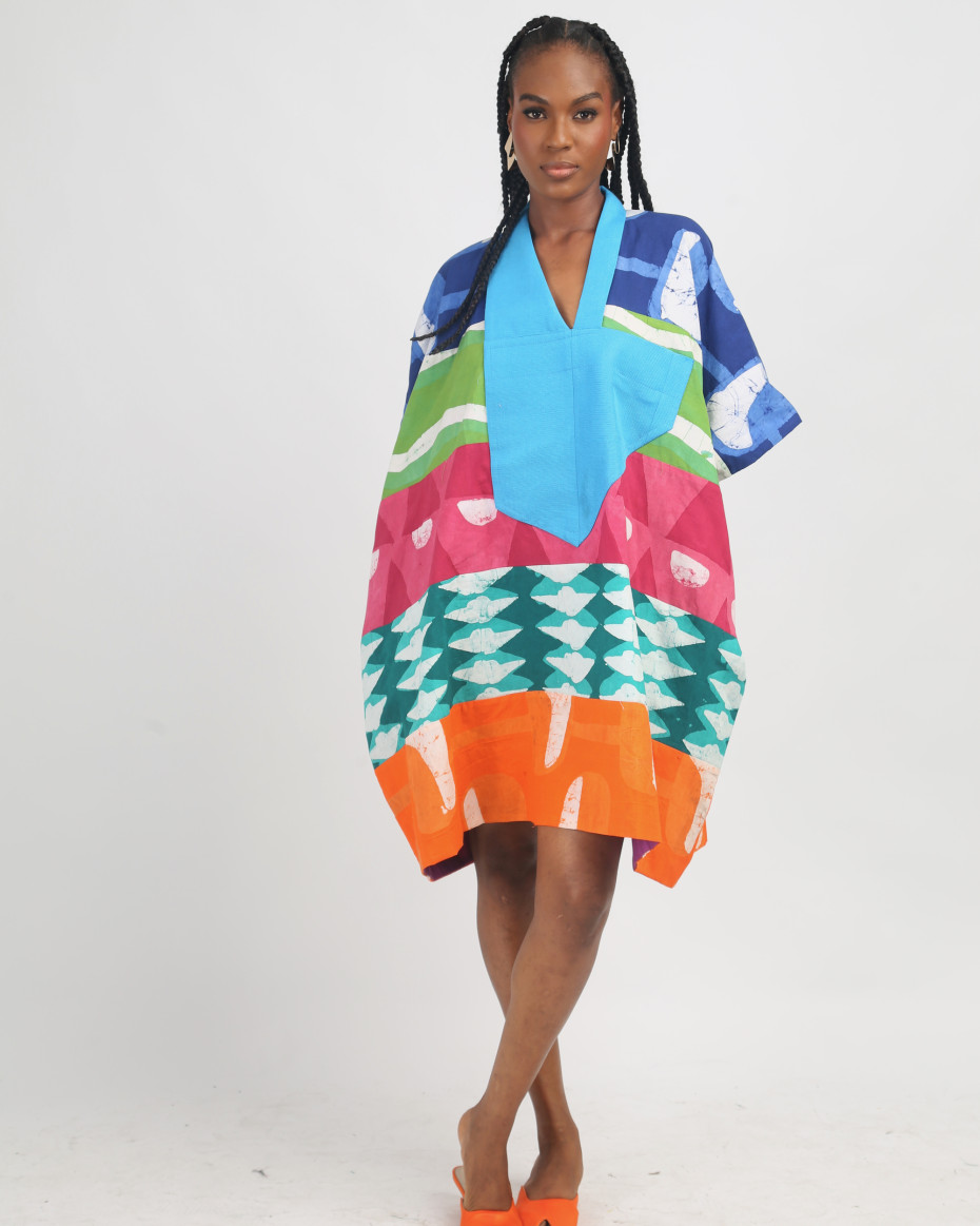 BLUE AND WHITE MULTICOLOURED MINI AGBADA WITH TURQUOISE BLUE ASOOKE