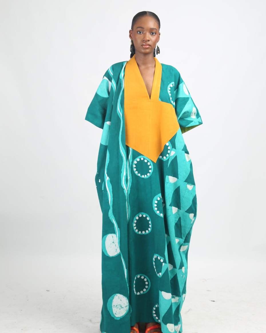 SEAGREEN AND GREEN MULTIPRINT AGBADA WITH MUSTARD ASOOKE