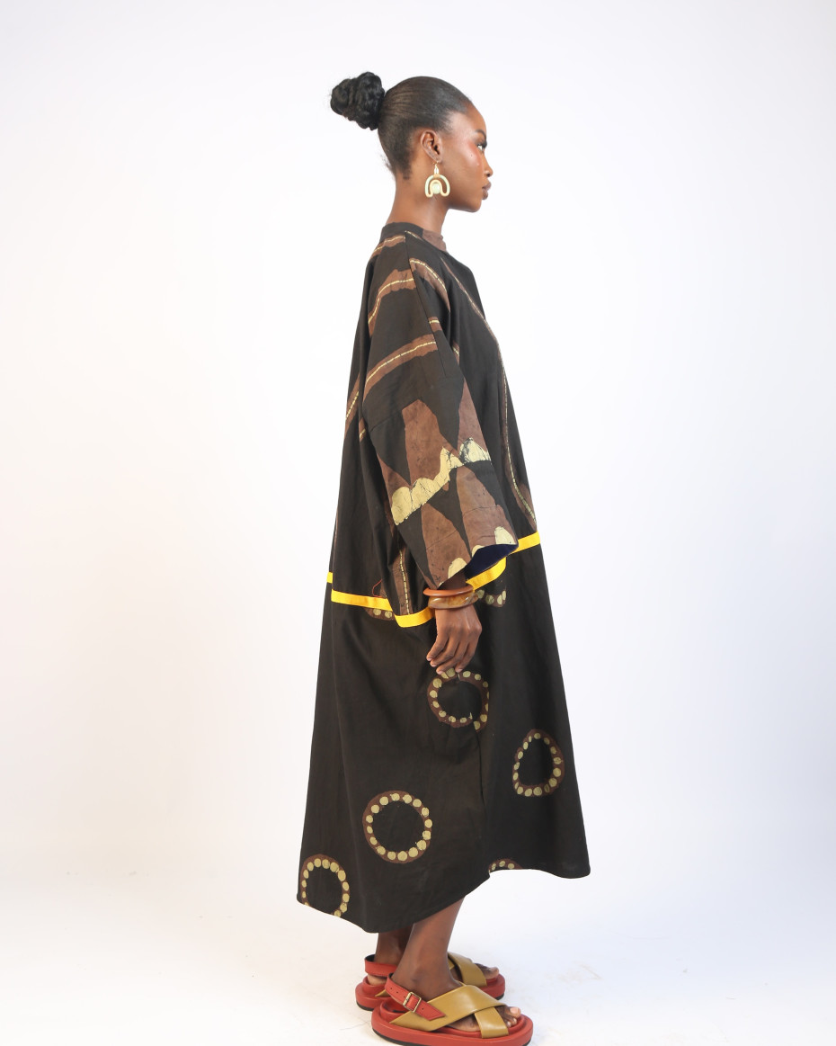 KHAKI, BROWN AND BLACK MULTIPRINT KAFTAN