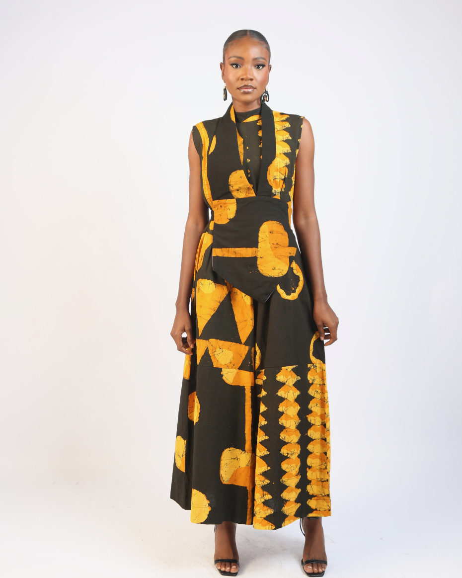 GOLDEN YELLOW AND BLACK MULTIPRINT JUMPSUIT