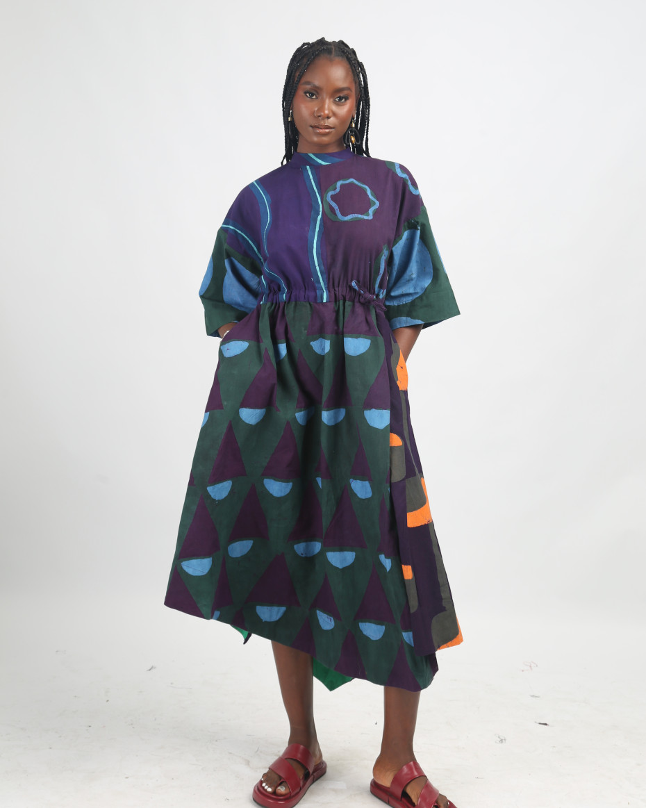 SEAGREEN, TEAL AND MAGENTA MULTICOLOURED MIDI IRO DRESS