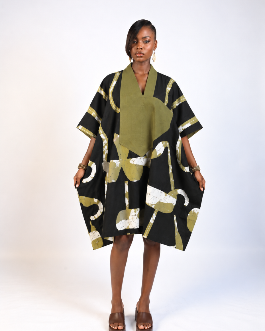 WHITE, NAVY AND BLACK MULTIPRINT MINI AGBADA WITH ASOOKE