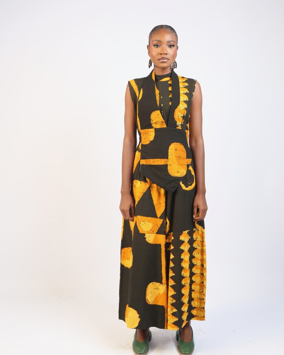 GOLDEN YELLOW AND BLACK MULTIPRINT JUMPSUIT
