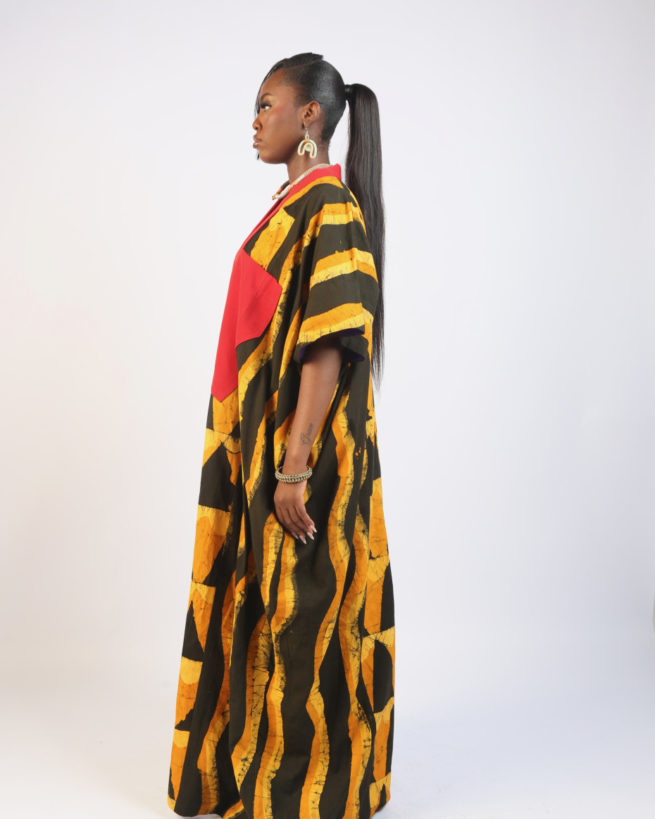 GOLDEN YELLOW AND BLACK MULTIPRINT AGBADA WITH ASOOKE
