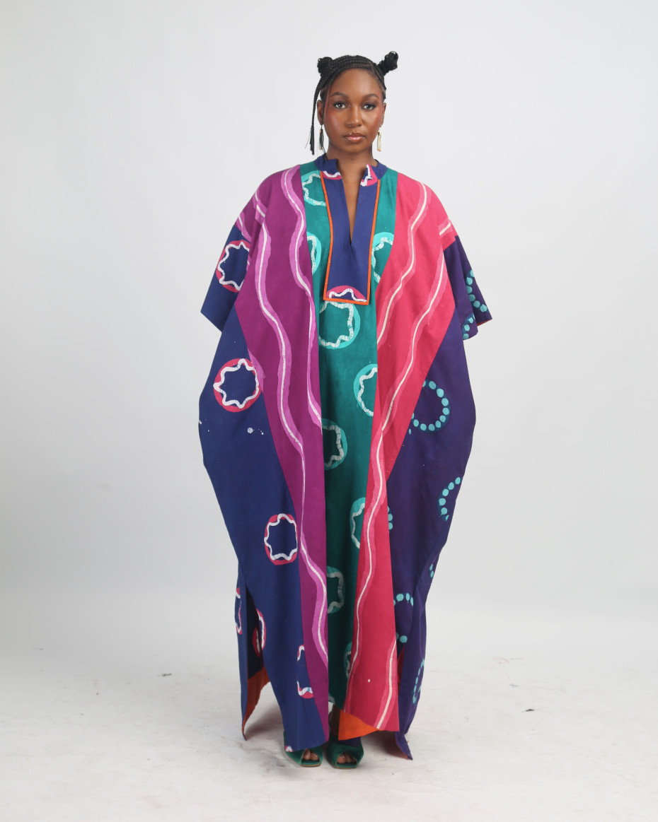 PINK AND MAGENTA MULTICOLOURED JALABIYA WITH ORANGE OUTLINE