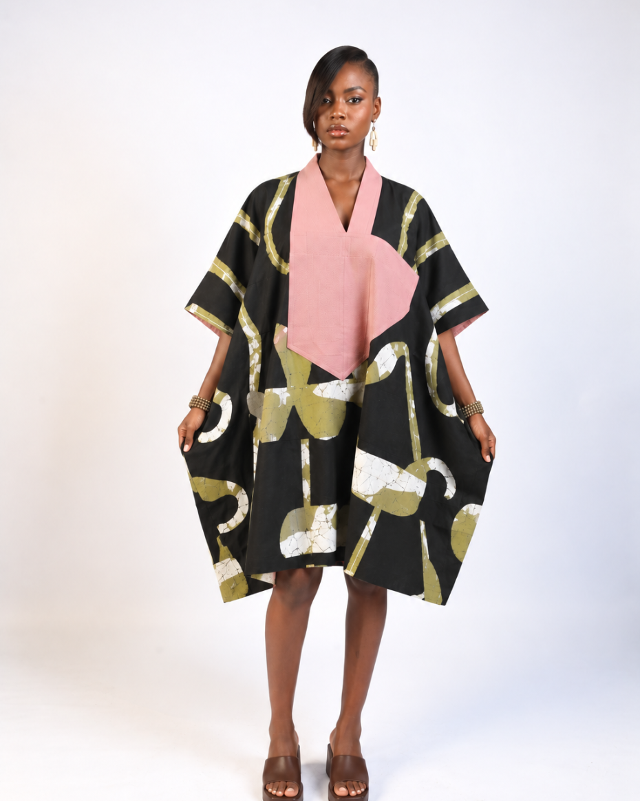 WHITE, NAVY AND BLACK MULTIPRINT MINI AGBADA WITH ASOOKE