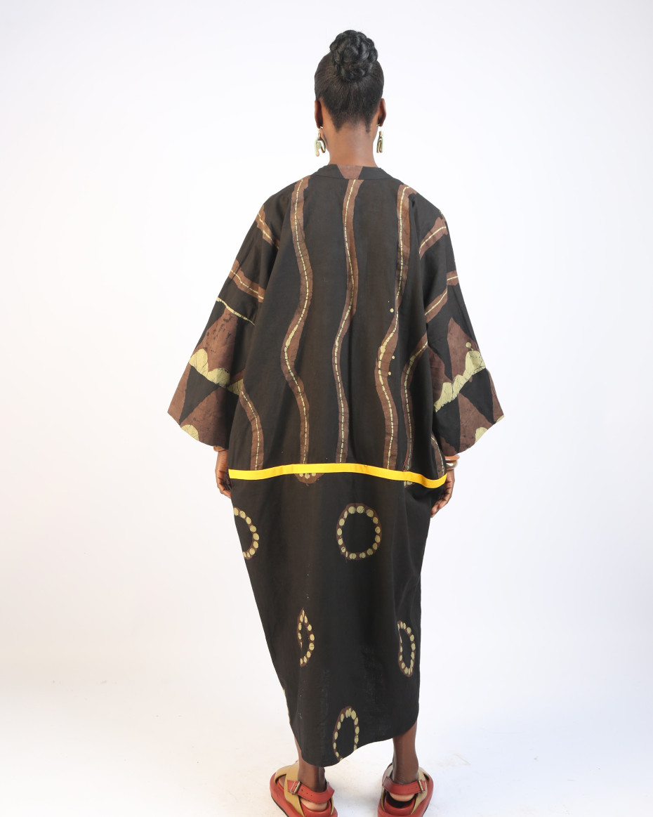 KHAKI, BROWN AND BLACK MULTIPRINT KAFTAN