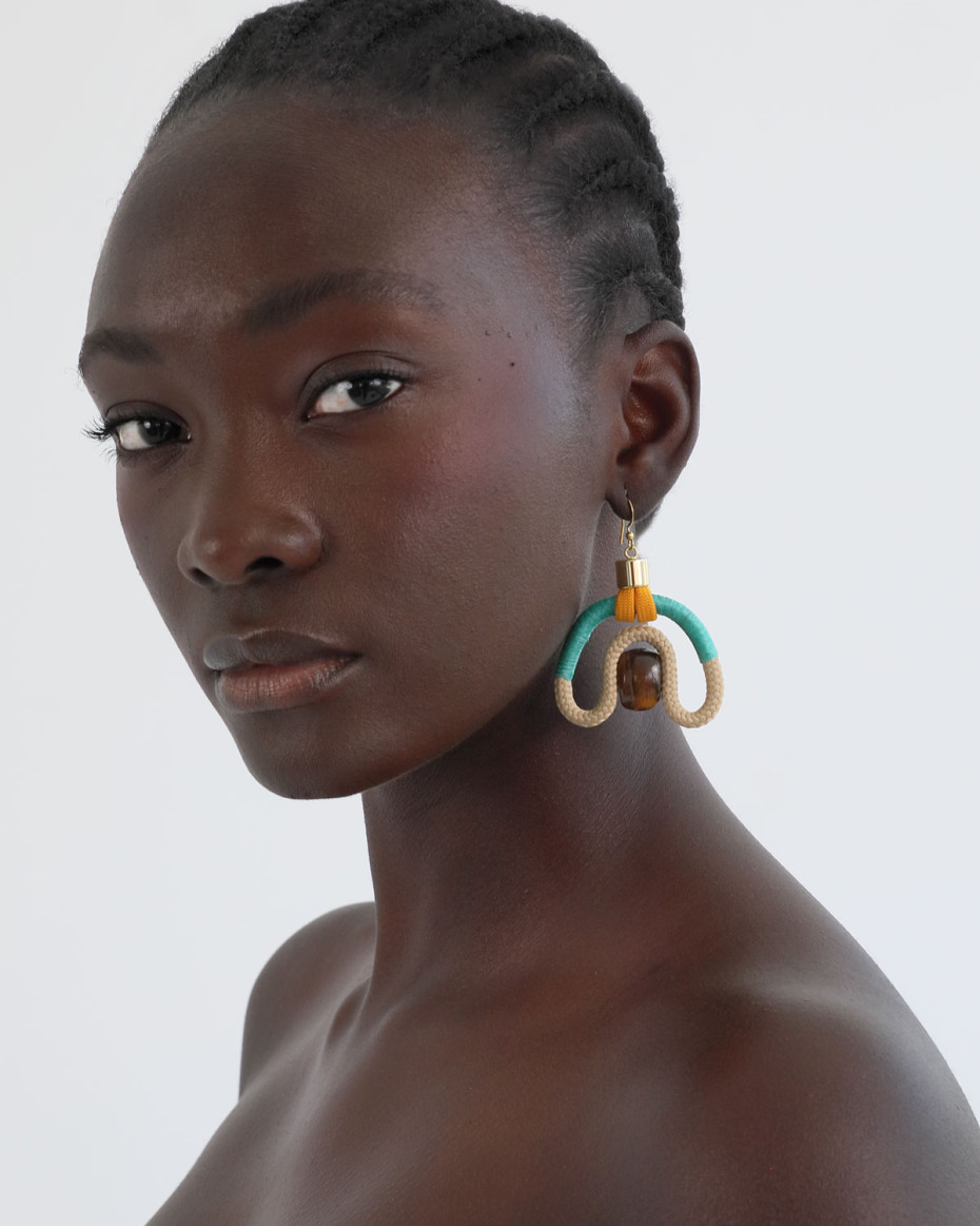 CALABASH EARRINGS BEIGE AQUA MUSTARD TIGERS EYE