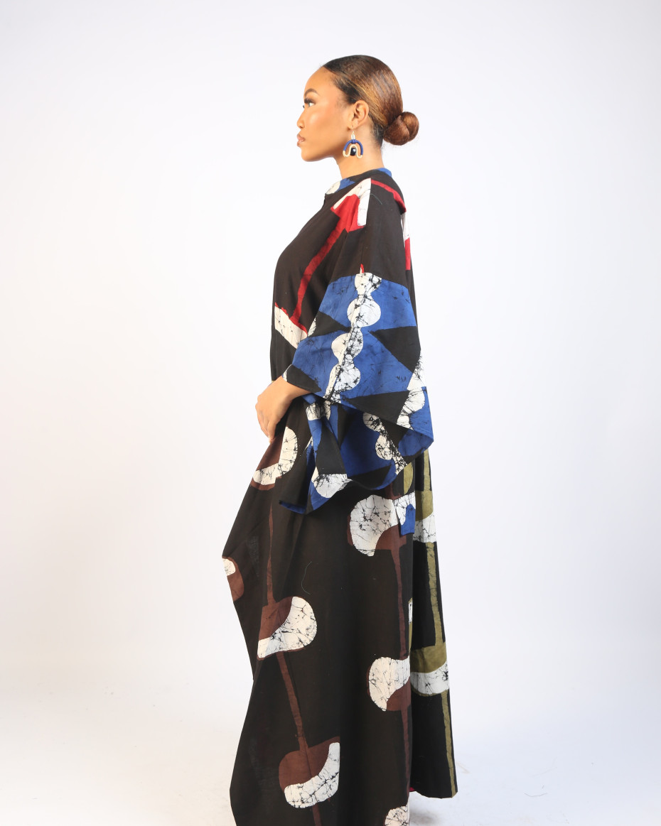 RED, BROWN AND BLACK MULTICOLOURED SHIRT DRESS