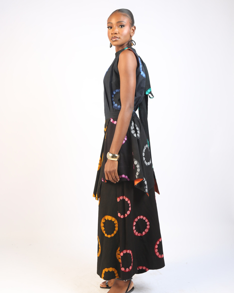 BLUE AND GOLDEN YELLOW MULTICOLOURED SLEEVELESS MINI IRO DRESS