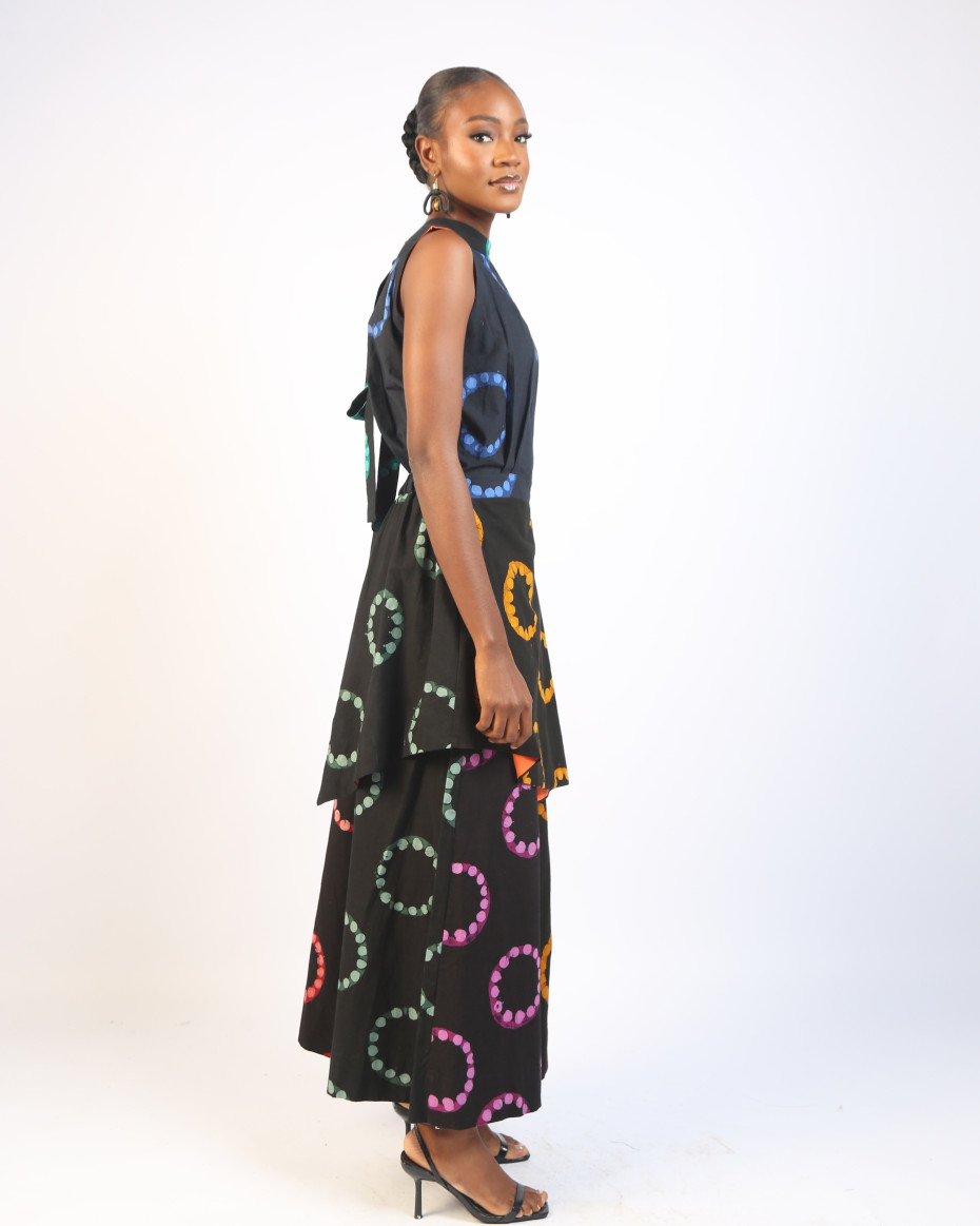BLUE AND GOLDEN YELLOW MULTICOLOURED SLEEVELESS MINI IRO DRESS