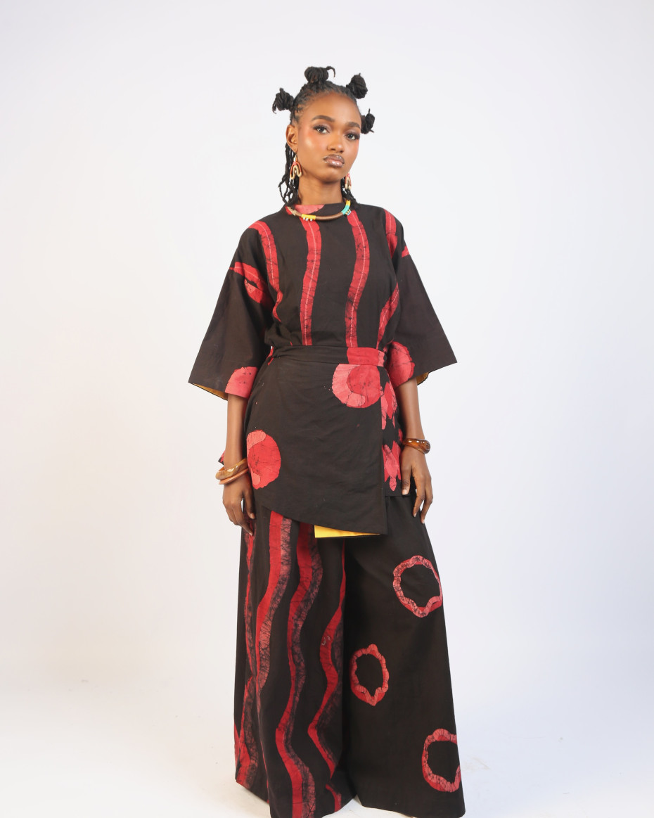 CORAL, RED AND BLACK MULTIPRINT MINI IRO DRESS