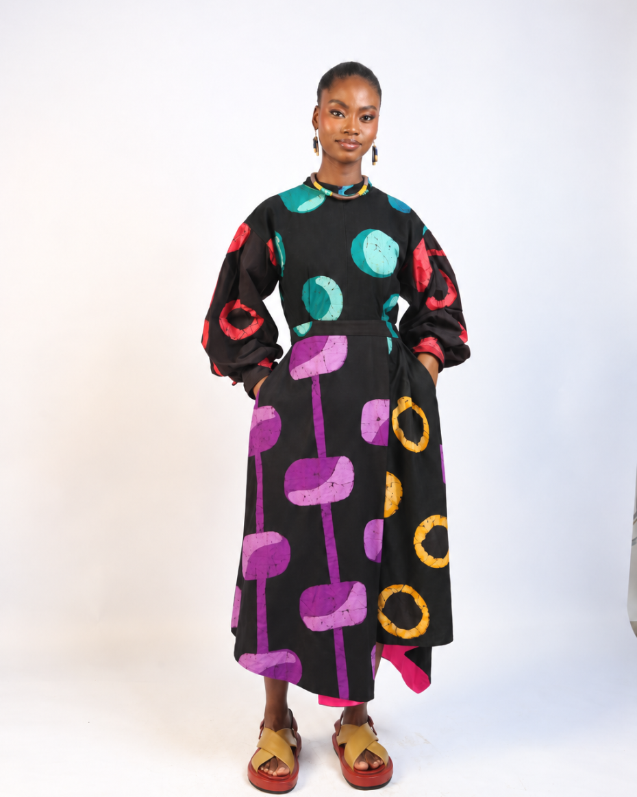 GREEN AND MAGENTA  MULTICOLOURED LONG SLEEVE MIDI IRO DRESS