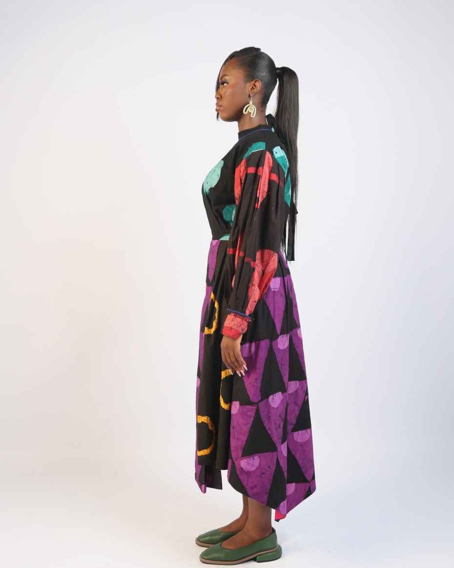 GREEN AND MAGENTA  MULTICOLOURED LONG SLEEVE MIDI IRO DRESS