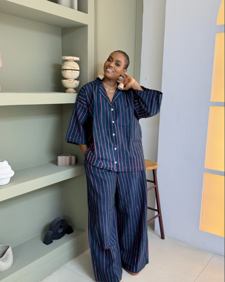 Dark Green And Pink Thin Stripe Pant Set
