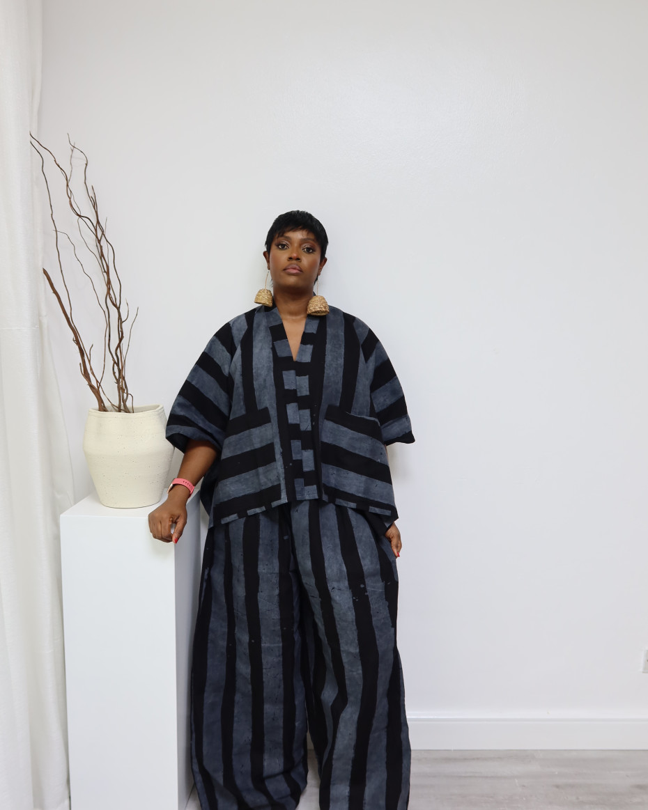 Grey/black Stripe Agbada Pant Set