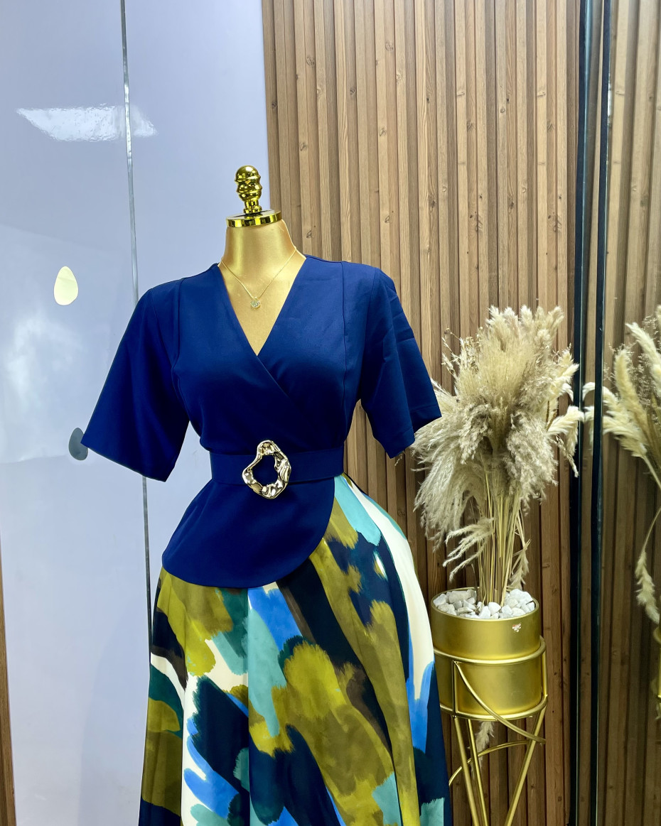 3097 Elegant Navy Blue Wrap Midi Dress with Abstract Print Skirt & Gold Buckle Waist Women's Smart Casual & Occasion Wear | 99 Posh Outfit. For your royal shopping experience 3097 Elegant Navy Blue Wrap Midi Dress with Abstract Print Skirt & Gold Buckle Waist Women's Smart Casual & Occasion Wear | 99 Posh Outfit. For your royal shopping experience