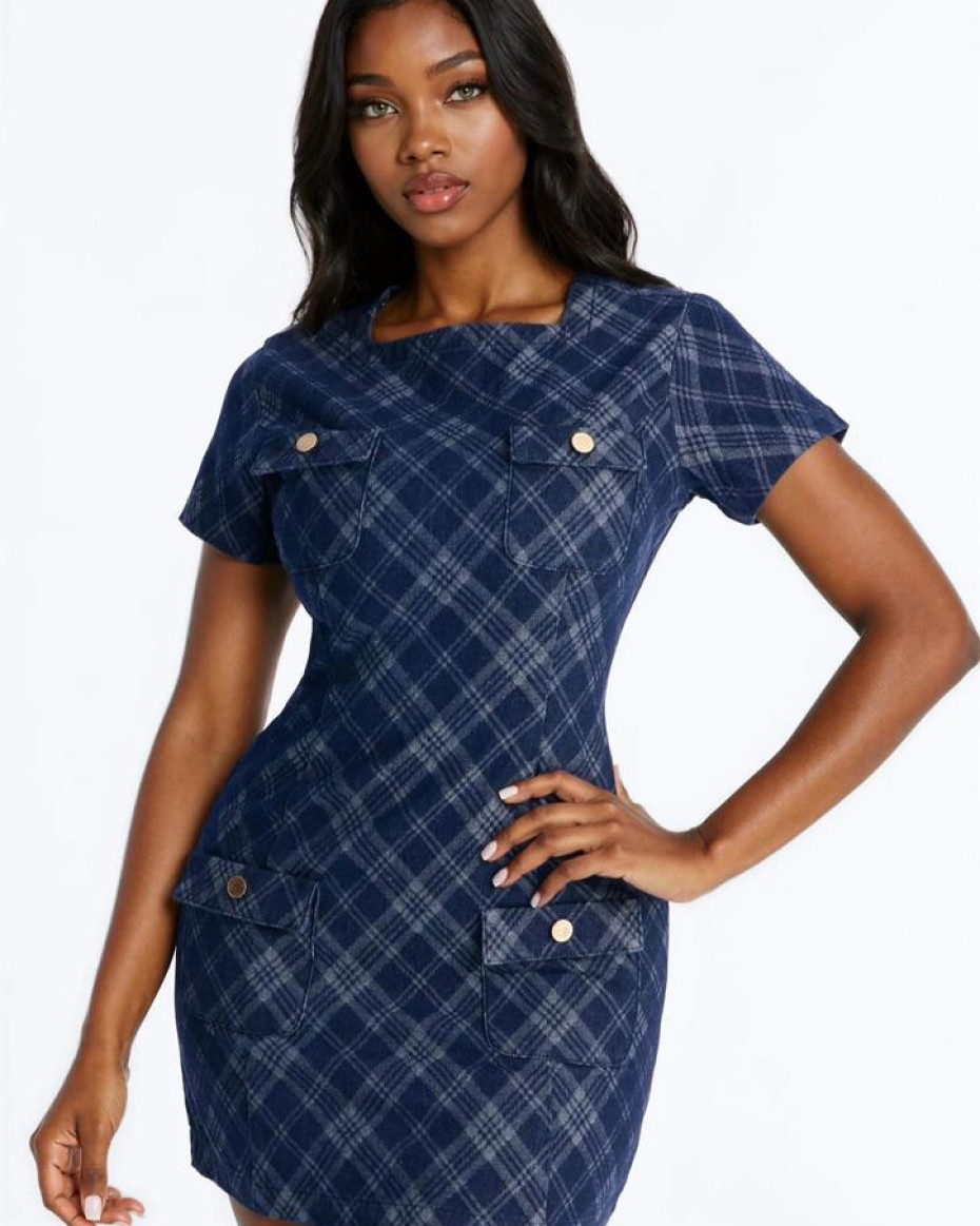 denim and plaid dress Camila Plaid Denim Mini Dress