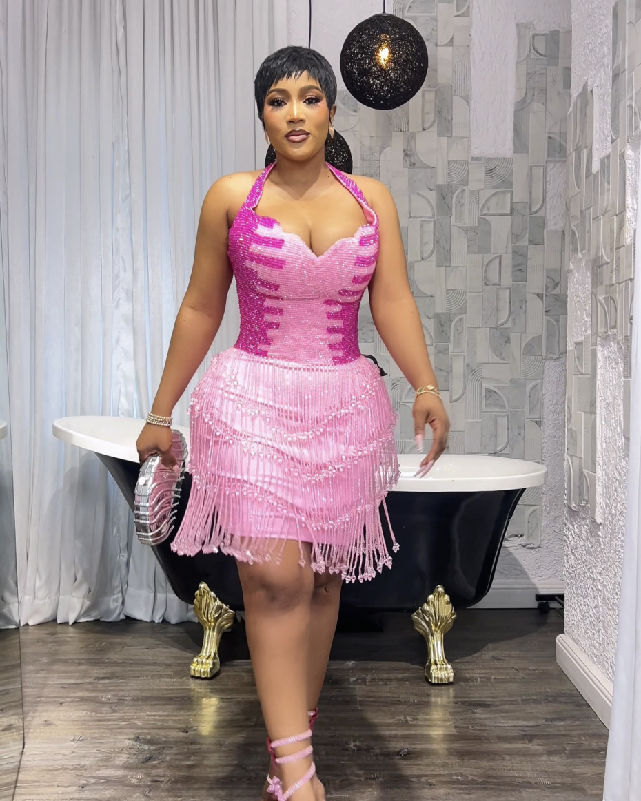 Skyla Beaded Fringe Corset Dress- Pink