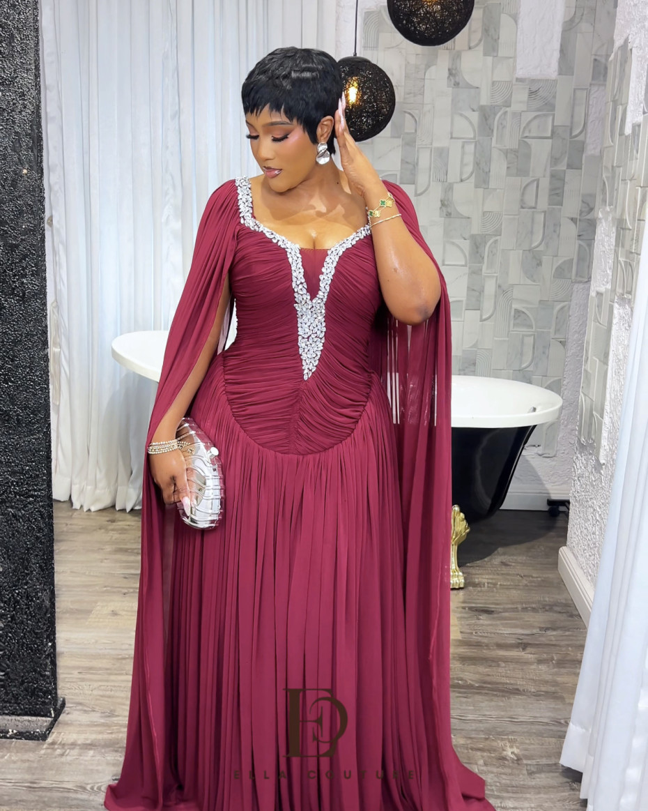 Regina Embellished Cape Dress - Burgundy